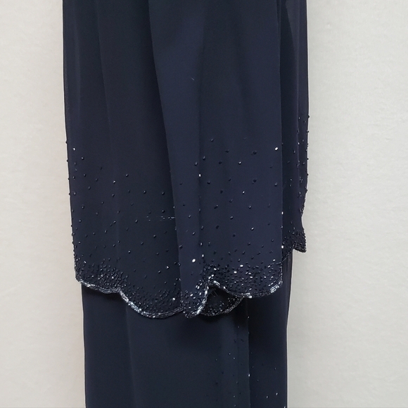 Vintage J Kara Navy Blue Chiffon Beaded Scalloped Maxi Dress Jacket Set 16 - Picture 8 of 16